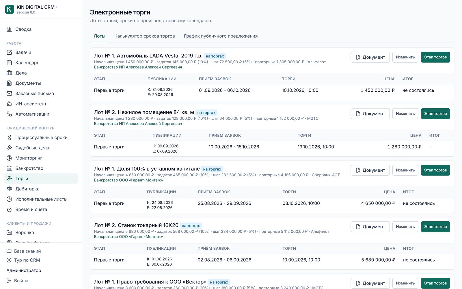 KIN DIGITAL CRM+: Торги